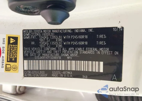 2015 Toyota Highlander Xle V6 из США, поврежденный, VIN 5TDJKRFH7FS098918